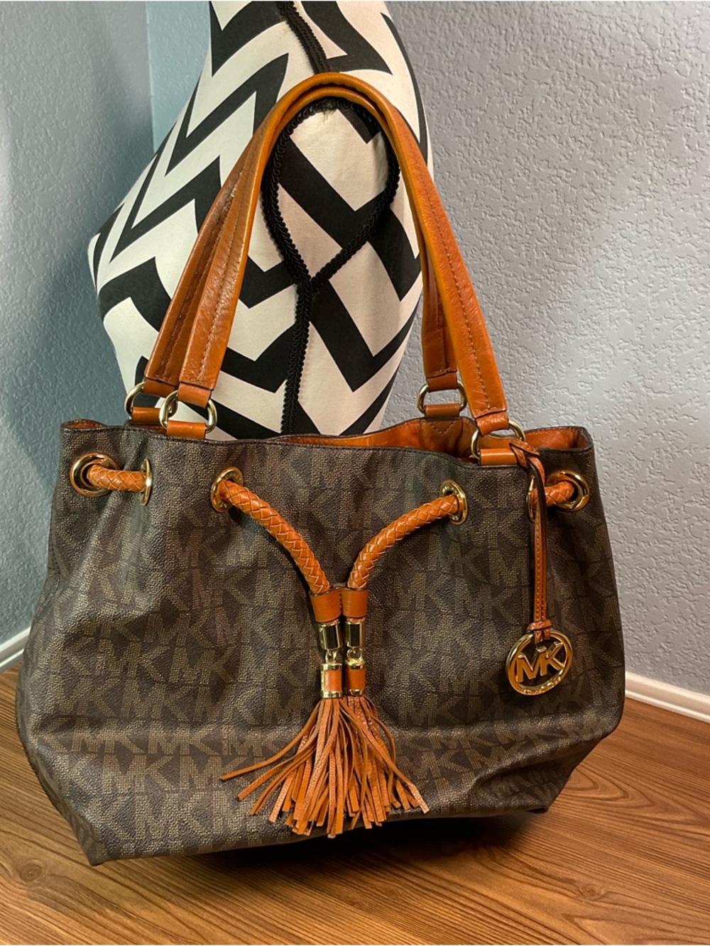 Michael Kors MK Signature Tote Brown Monogram Leather Trim Tassel Bag
